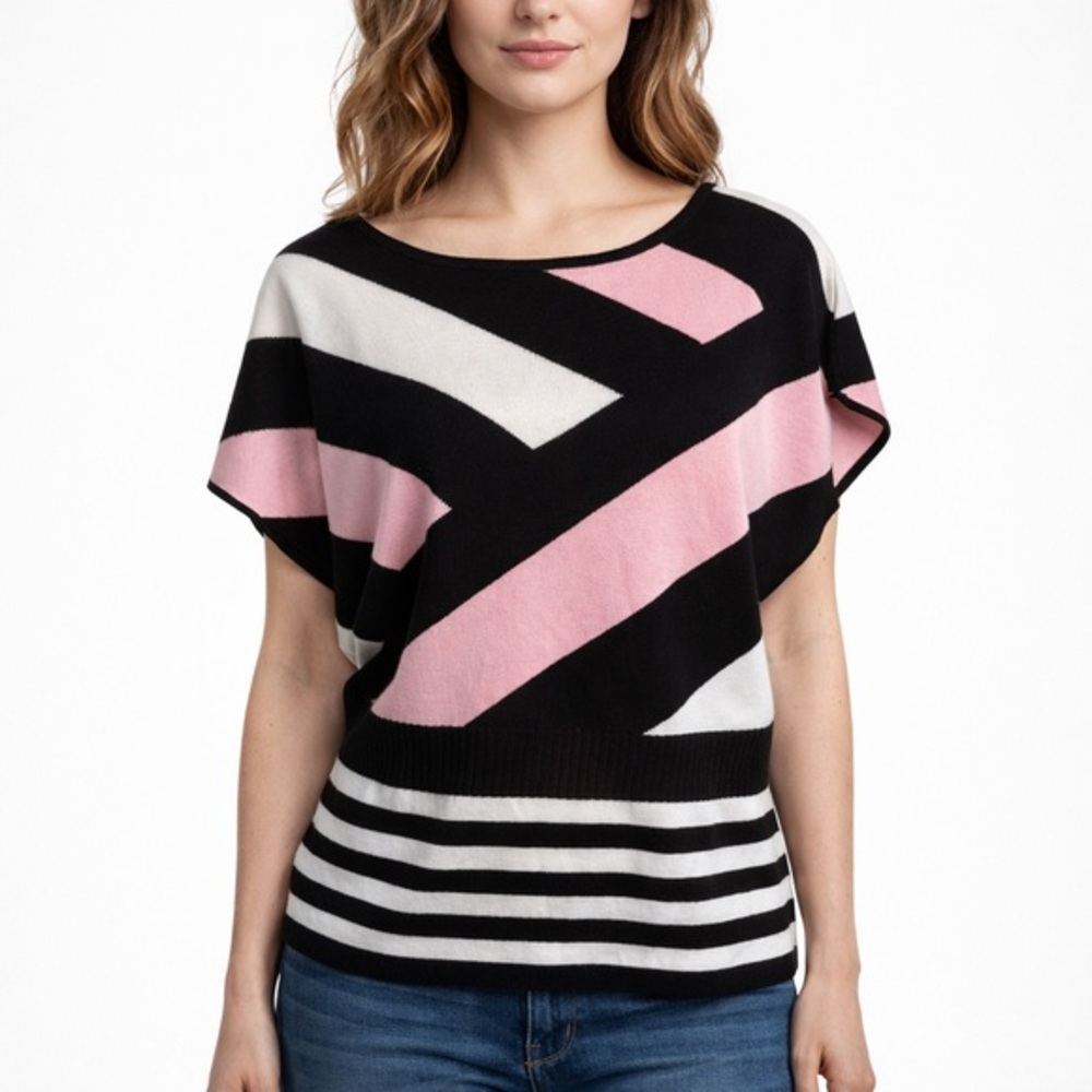 NY & Co Women’s Boatneck Colorblock Stripe Knit Sweater Top Pink Black Medium